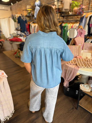Button Front Shirred Woven Blouse Chambray