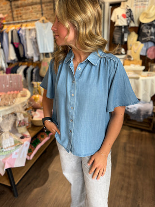 Button Front Shirred Woven Blouse Chambray