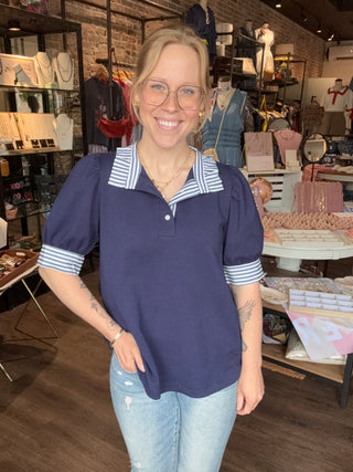 Navy Striped Ruffle Top