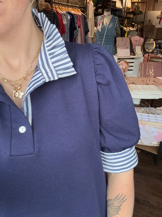 Navy Striped Ruffle Top