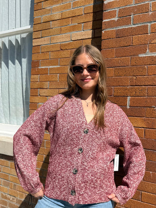 Button Front Cardigan Sweater Maroon Melange