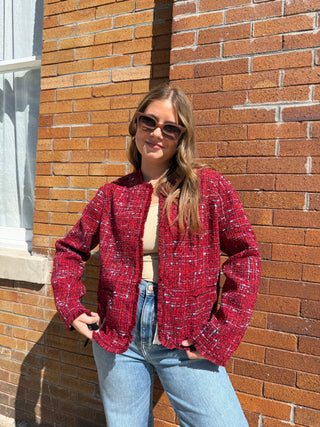 Collarless Jacket Red Boucle