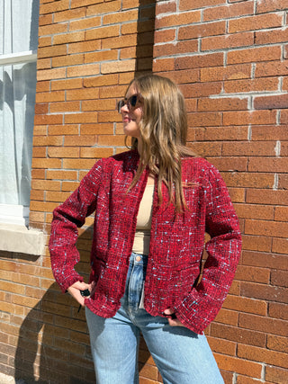 Collarless Jacket Red Boucle