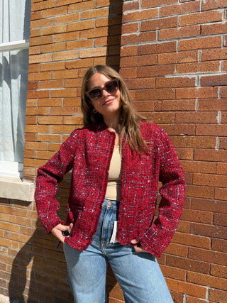 Collarless Jacket Red Boucle