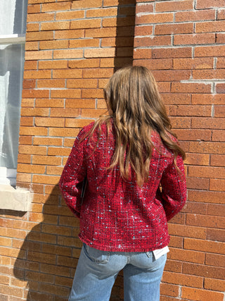 Collarless Jacket Red Boucle