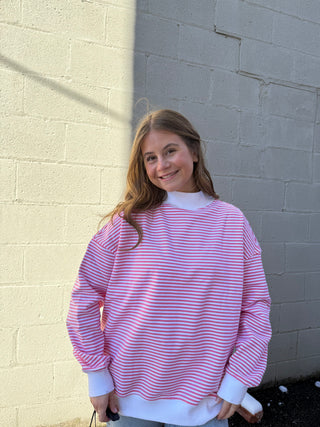 Light Pink and White Big Striped Mockneck Sweatshirt