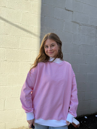 Light Pink and White Big Striped Mockneck Sweatshirt