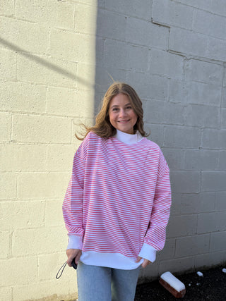 Light Pink and White Big Striped Mockneck Sweatshirt