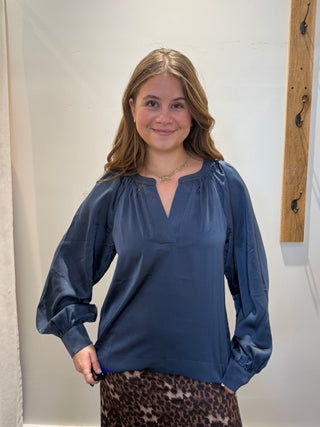 Silky Vneck French Blue Blouse by Pinch