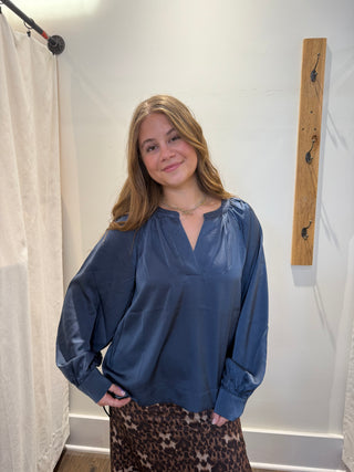 Silky Vneck French Blue Blouse by Pinch