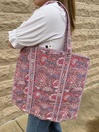 Floral Quilted Tote Bag Pink