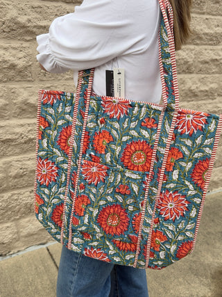 Floral Quilted Tote Bag Green Floral