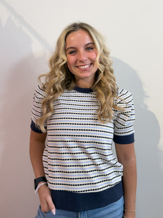 Navy & Blue Puff Sleeve Top by Entro