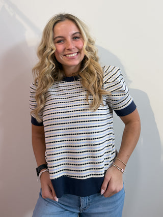 Navy & Blue Puff Sleeve Top by Entro