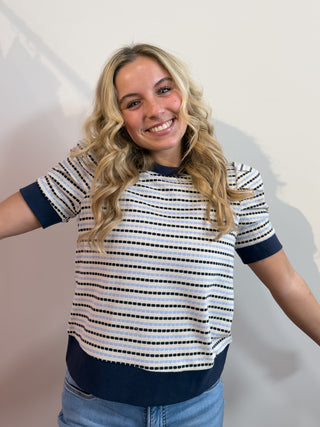 Navy & Blue Puff Sleeve Top by Entro