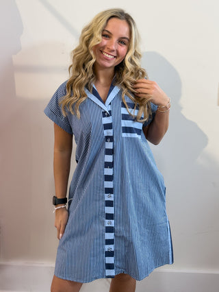 Mixed Stripe Blue & Navy Dress by Entro