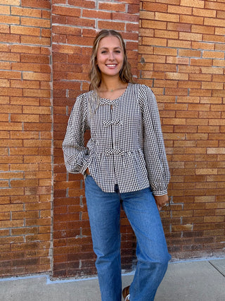 Feminine Bow Accent Charming Plaid Blouse