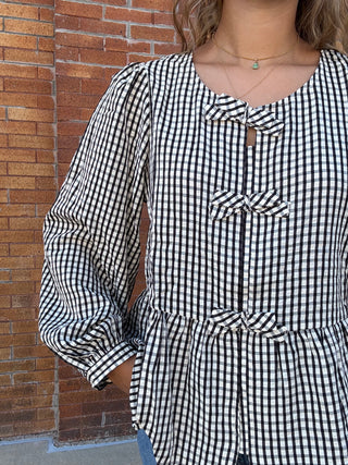 Feminine Bow Accent Charming Plaid Blouse