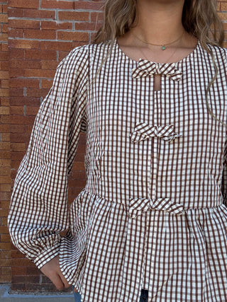 Feminine Bow Accent Charming Plaid Blouse