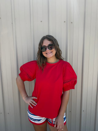Red Puff Sleeve Knit Top