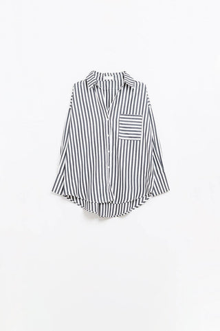 Poplin shirt with vertical stripes in black and chest pocket