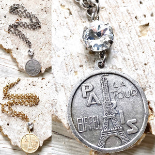 Paris France French coin necklace : Burnished silver