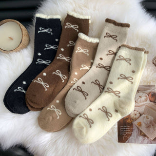 Plush Bow Ribbon Soft Warm Socks