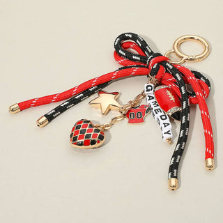 Football Themed Charm GAME DAY Message Beaded Rope Bow Accent Keychain / Bag Charm
