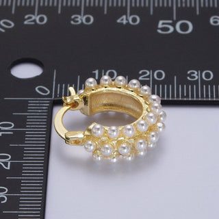 Triple White Round Pearl Lined 21mm Gold Hoop Latch Earrings | T020