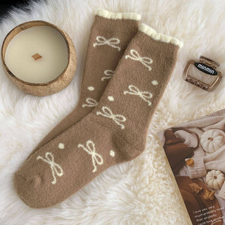 Plush Bow Ribbon Soft Warm Socks