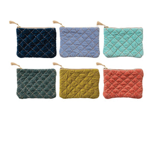Quilted Cotton Velvet Zip Pouch w/ Metallic Thread Embroidery