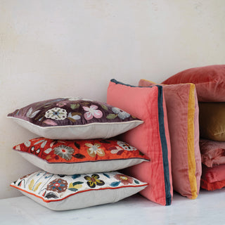 Velvet Pillow w/ Embroidered Botanical Pattern, Piping