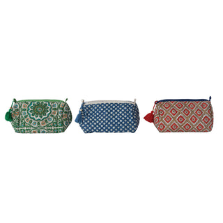 Quilted Cotton Slub Zip Pouch with Interior Lining, Wood Bead