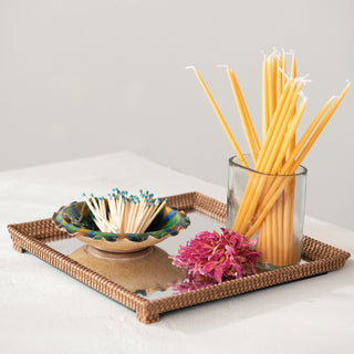 Decorative Resin Mirrored Footed Tray with Woven Design, Brown