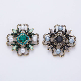 Vintage Antique Gold Black, Green Rhinestone Flower Blue Black Gray Crystal Brooch Pin | BH-00006 BH-00007