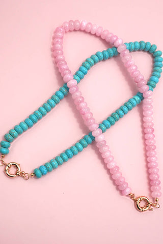 NATURAL STONE CHARM  SPRING CLASP BEADED NECKLACE