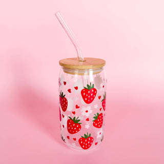 Strawberry Glass Can Tumbler with Bamboo Lid & Glass Straw 