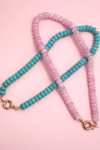 NATURAL STONE CHARM  SPRING CLASP BEADED NECKLACE