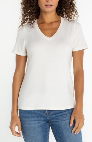 Short Sleeve V-neck Top by Liverpool French Cream