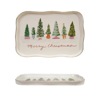 Stoneware Scalloped Platter with Trees & Gold Electroplating, Merry Christmas, Multi Color