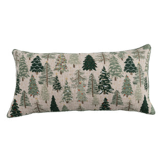 Cotton & Linen Slub Printed Lumbar Pillow with Tree Pattern, Beads & Mini Pom Pom Trim