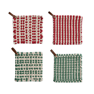 Cotton Crocheted Pot Holder with Leather Loop, 2 Colors, 2 Styles