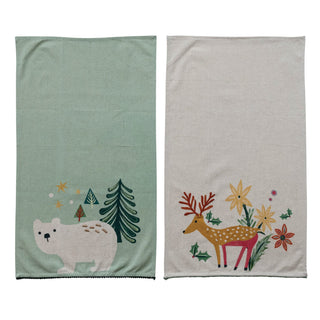 Cotton & Linen Printed Tea Towel with Embroidery & Mini Pom Pom Trim, 2 Styles ©