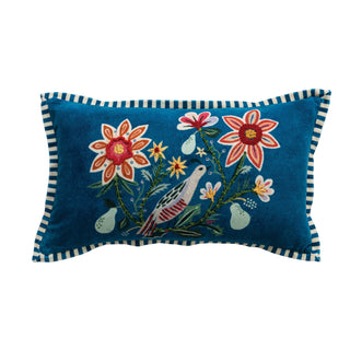 Cotton Velvet Printed Lumbar Pillow with Embroidered Botanicals ©