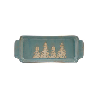 Stoneware Tray with Handles & Wax Relief Trees, Blue (Each One Will Vary)