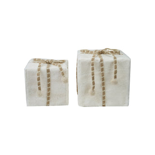 Decorative Fabric & Foam Gift Boxes with Knit Bows & Pom Poms, White & Natural, Set of 2