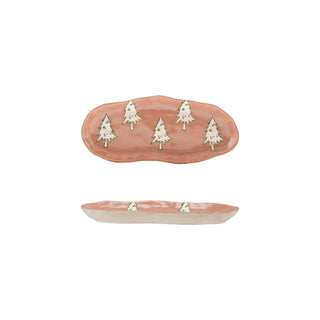 Stoneware Organic Shaped Platter with Wax Relief Trees, Pink, White & Green