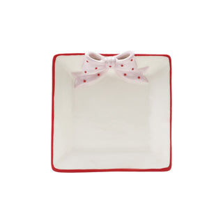 Hand-Painted Stoneware Dish with 3D Polka Dot Bow & Colored Edge, White
