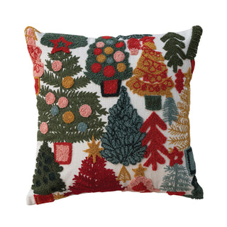 18" Square Cotton Slub Pillow with Embroidered Christmas Trees & Tufting