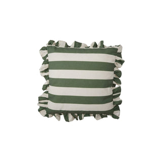 18" Square Fabric Striped Pillow with Ruffle, Green & Natural